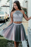 Fashion Two Piece Halter Lace Grey Tulle Short Cute Prom Dress Homecoming Dresses