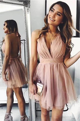 Elegant Open Back Halter V Neck Blush Pink Short Prom Dress Homecoming Dresses