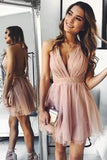 Elegant Open Back Halter V Neck Blush Pink Short Prom Dress Homecoming Dresses