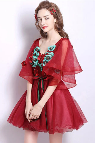 New Arrival 3D Floral Burgundy Tulle V Neck Short Prom Dress Homecoming Dresses