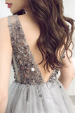 Top See Through V Neck Backless Grey Tulle Short Prom Dress Homecoming Dresses