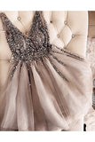 Top See Through V Neck Backless Grey Tulle Short Prom Dress Homecoming Dresses