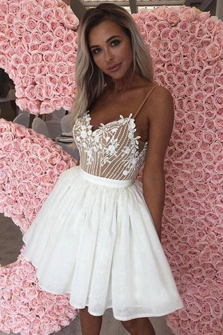 Fashion Spaghetti Straps Lace White 2019 Short Homecoming Dresses Prom Dress