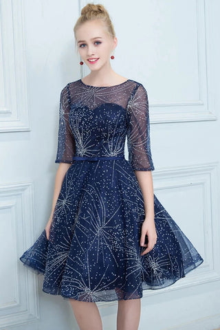 3/4 Sleeves Sequin Lace Navy Blue Short Homecoming Dresses Prom Dress