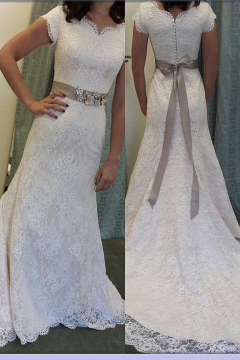 Mermaid High Quality Short Sleeves Wedding Dresses Bridal Gowns With Beaded Belt