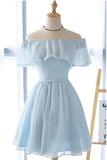 Off the Shoulder Light Blue Chiffon Cheap Short Prom Dress Homecoming Dresses