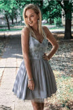 Charming Lace Appliques V Neck Grey Tulle Short Prom Dress Homecoming Dresses