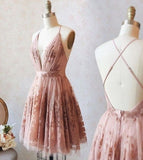 Deep V Neck Backless Spaghetti Straps Lace Short Prom Dress Homecoming Dresses
