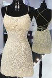 Open Back Spaghetti Straps Sheath Lace Short Prom Dress Homecoming Dresses