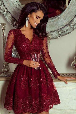 Chic Burgundy Lace Long Sleeves V Neck Beaded Short Prom Dress Homecoming Dresses