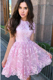 High Neck Short Sleeves Pink Lace Mini Prom 16 Sweet Dress Homecoming Dresses