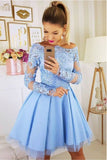 Fashion Long Sleeves Off Shoulder Light Blue Short Prom Dress Homecoming Dresses