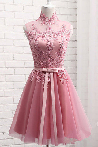 Charming High Neck Back-O Lace Appliques Short Cute Prom Dress Homecoming Dresses