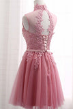 Charming High Neck Back-O Lace Appliques Short Cute Prom Dress Homecoming Dresses
