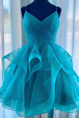 High Low Tiered Skirt Spaghetti Straps Short Prom Dress Homecoming Dresses