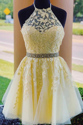Open Back High Neck Light Yellow Lace Short Prom Dress Homecoming Dresses Hoco Gowns LD3063