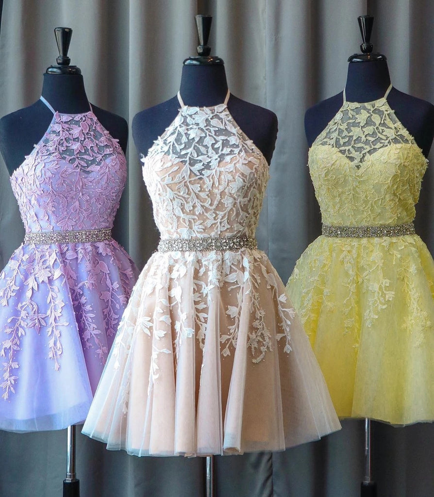 Open Back High Neck Light Yellow Lace Short Prom Dress Homecoming Dresses Hoco Gowns LD3063