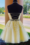 Open Back High Neck Light Yellow Lace Short Prom Dress Homecoming Dresses Hoco Gowns LD3063