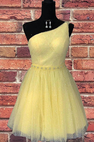 Shiny Sequin Lace One Shoulder Daffodil Short Prom Dress Homecoming Dresses