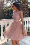 Shiny Long Sleeves Open Back Pink Homecoming Dresses Short Prom Dress Hoco Dress