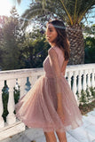 Shiny Long Sleeves Open Back Pink Homecoming Dresses Short Prom Dress Hoco Dress