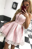 Fashion Deep V Neck Pink Lace Mini Length Homecoming Dresses Short Prom Dress