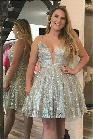Shiny Sequin Deep V Neck Mini Length Homecoming Dresses Short Prom Dress