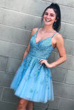 Light Blue Lace V Neck Backless Fashion Short Prom Dress Homecoming Dresses