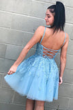 Light Blue Lace V Neck Backless Fashion Short Prom Dress Homecoming Dresses