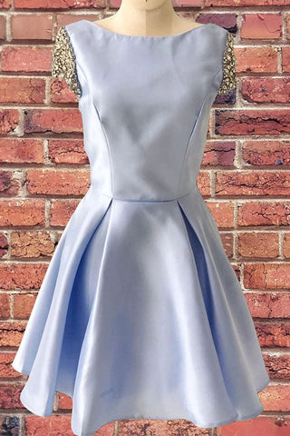 Cap Sleeves Light Blue Back-V Satin Cheap Homecoming Dresses Short Prom Dress Cocktail Dress