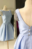 Cap Sleeves Light Blue Back-V Satin Cheap Homecoming Dresses Short Prom Dress Cocktail Dress