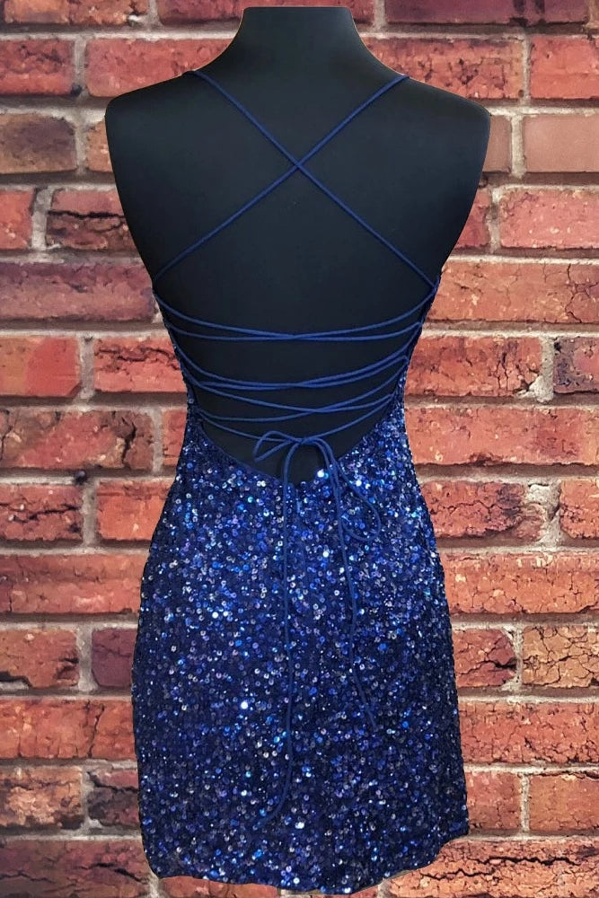 Royal Blue Spaghetti Straps Sheath Beaded Backless Short Prom Dress Homecoming Dresses Hoco Gowns