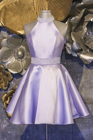 Fashion Lilac Satin Halter Beaded Cheap Homecoming Dresses Short Prom Dress