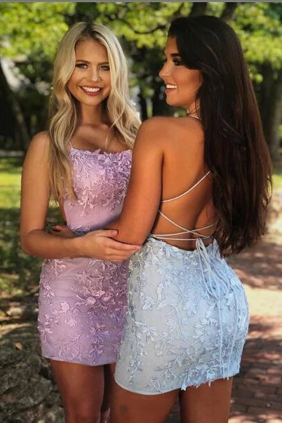 Spaghetti Straps Sheath Lilac Lace Backless Short Prom Dress Homecoming Dresses Hoco Gowns LD3077