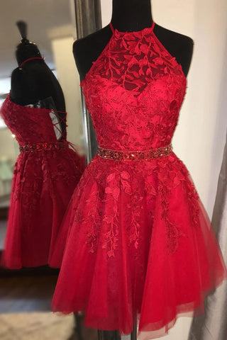 Charming Red Lace Beaded Backless High Neck Short Prom Dress Homecoming Dresses