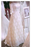 A Line Princess Half Sleeves Off the Shoulder Lace Long Beach Wedding Dresses
