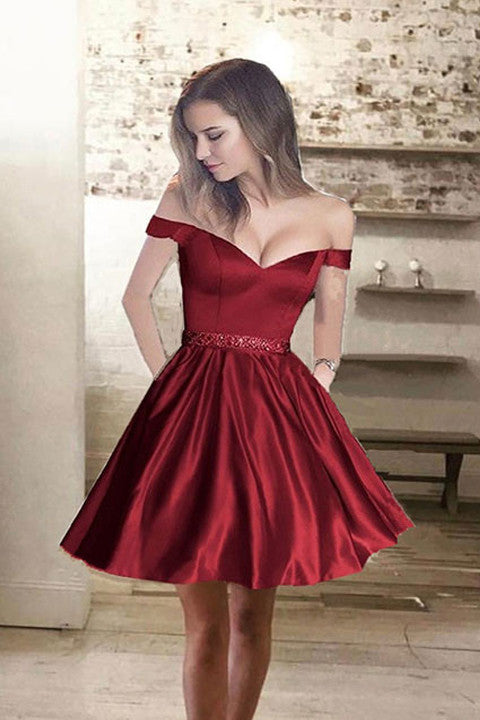 Burgundy Off the Shoulder Homecoming Dress Short Prom Dresses Party Gowns With Pocket