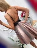 Black Open Back V Neck Spaghetti Straps Lace Short Prom Dress Homecoming Dresses Cocktail Dress