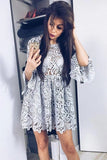 Long Sleeves Grey Lace Top See Through Short Prom Dress Cocktail Gowns Homecoming Dresses