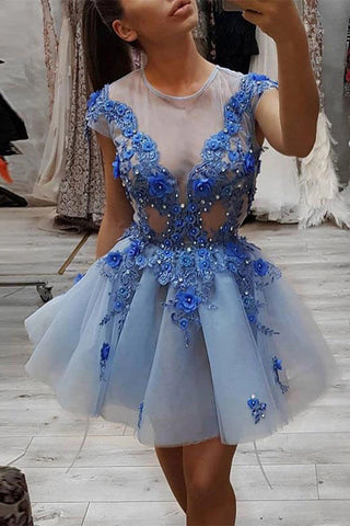 Cap Sleeve See Through 3D Flowers Appliques Short Prom Dress Homecoming Dresses Cocktail Dress