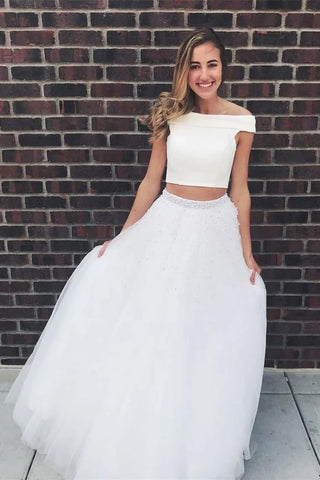 Two Piece Off the Shoulder Beaded White Long Prom Dresses Formal Grad Dress Evening Gowns