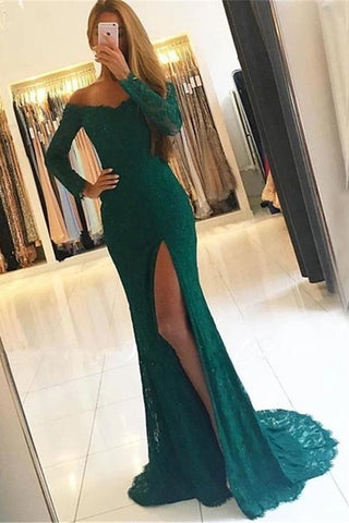 Fashion Long Sleeves Lace Green Mermaid Prom Dresses Formal Grad Dress Evening Gowns