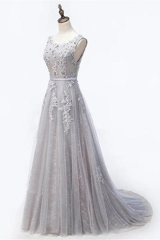 Real Picture Open Back Grey Lace Tulle Long Prom Dresses Formal Grad Dress Evening Gowns