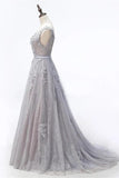 Real Picture Open Back Grey Lace Tulle Long Prom Dresses Formal Grad Dress Evening Gowns