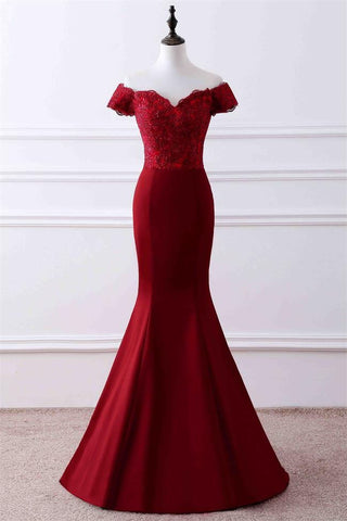 Short Sleeves Lace Red Mermaid Off the Shoulder Lace Prom Dresses Formal Dress Evening Gowns