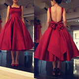 Tea Length Backless Burgundy Bow Homecoming Dresses Prom Dress Party Gowns