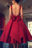 Tea Length Backless Burgundy Bow Homecoming Dresses Prom Dress Party Gowns