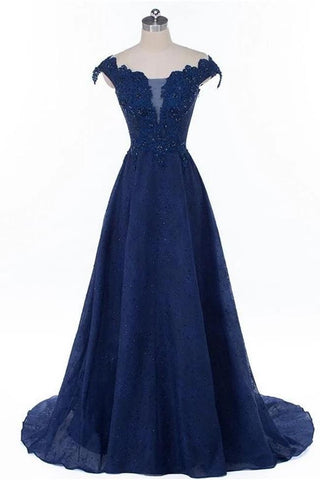 A Line Cap Sleeves Dark Blue Beaded Lace Long Prom Dresses