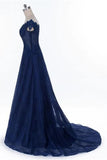 A Line Cap Sleeves Dark Blue Beaded Lace Long Prom Dresses