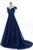A Line Cap Sleeves Dark Blue Beaded Lace Long Prom Dresses
